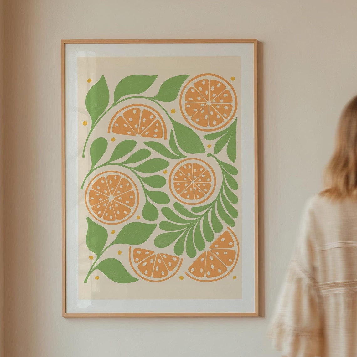 Orange Slices and Green Leaves Retro Citrus Kitchen Art Poster