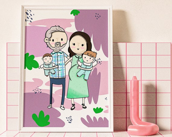 Custom Cartoon Family of Four Portrait with Two Young Kids Poster