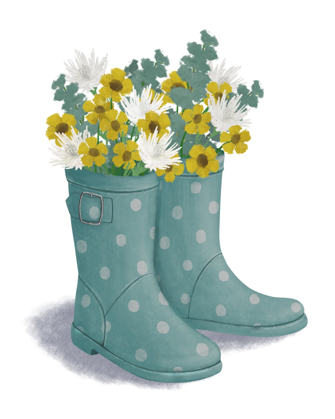 Teal Polka Dot Rain Boots With Yellow Flowers Farmhouse Wall Poster - Image 2