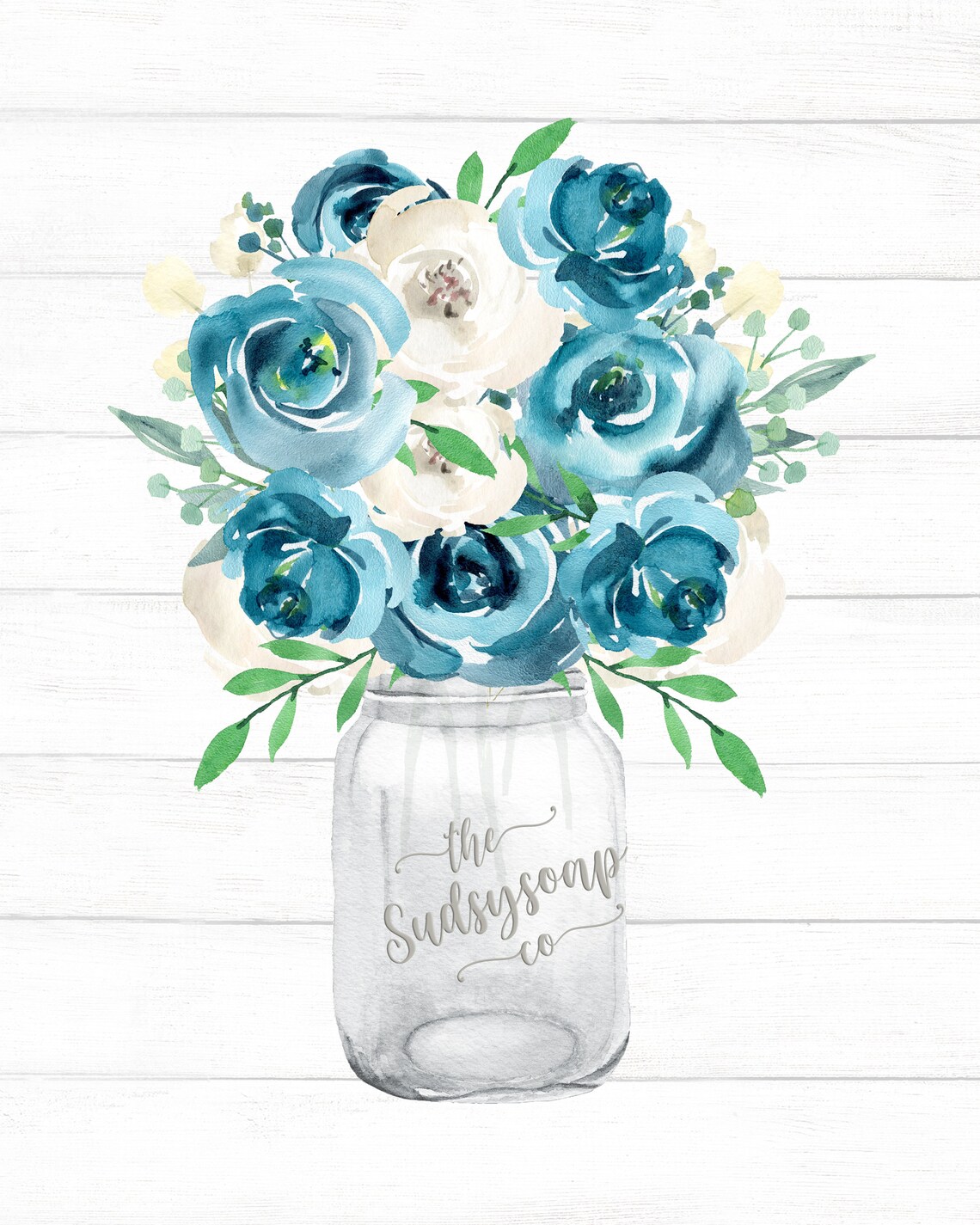 Teal Watercolor Roses In Mason Jar Bathroom Floral Wall Poster - Image 2