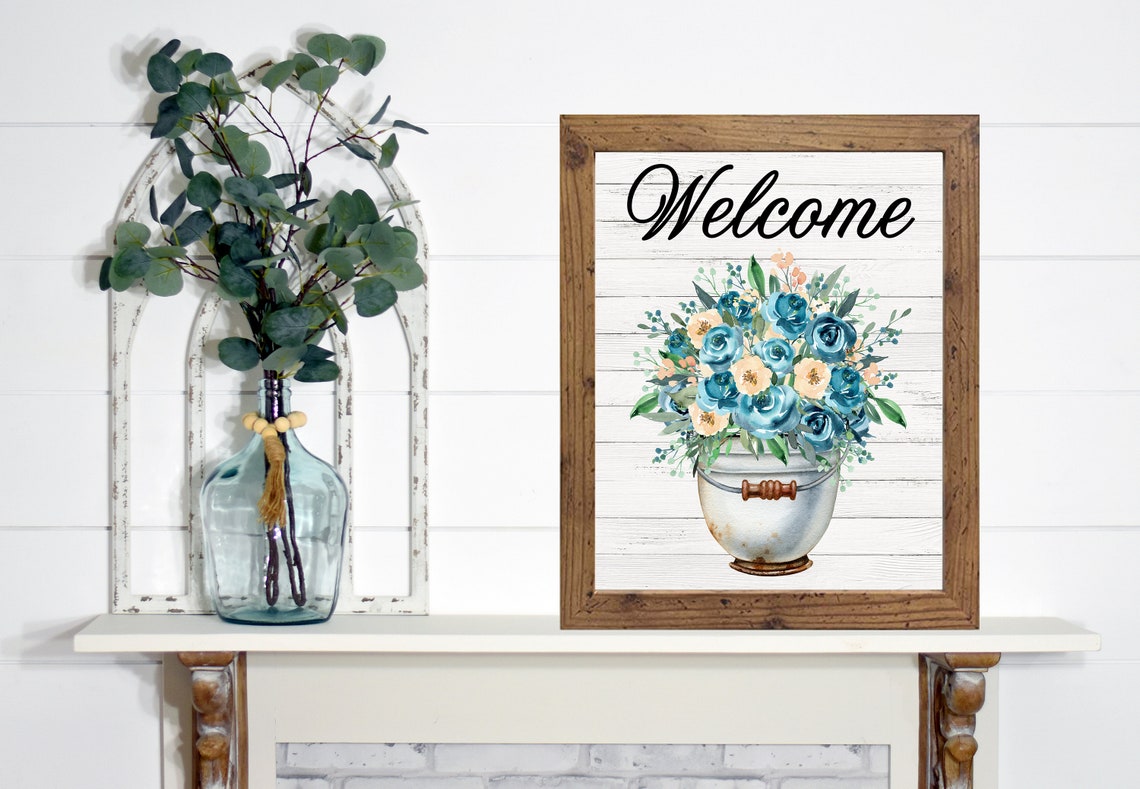 Welcome Script Teal Blue Floral Bouquet Bucket Watercolor Sign Poster