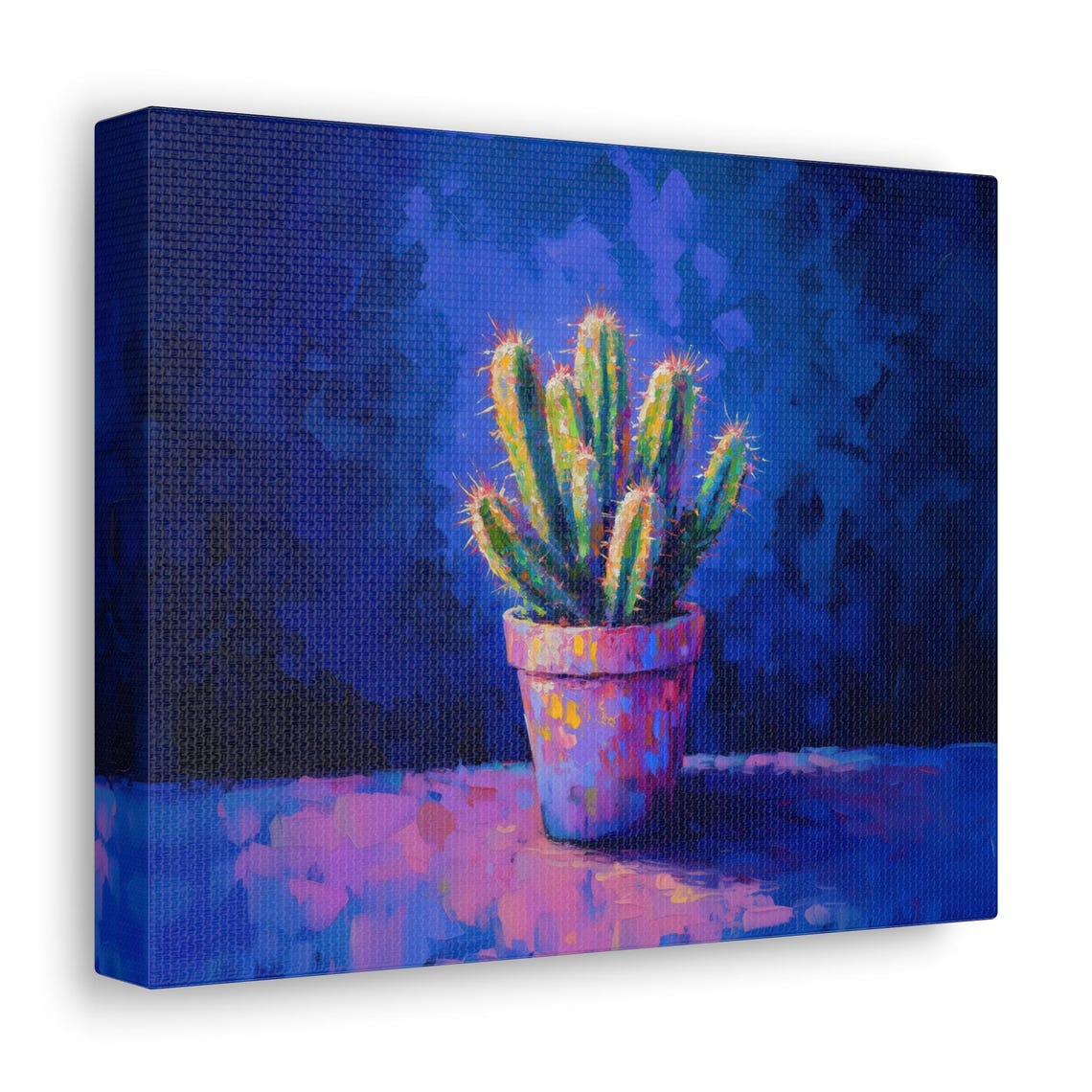 Moody Cactus in Pink Pot Vibrant Deep Blue Background Art Print - Image 2