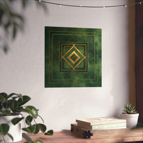 Art Deco 1920s Sleek Green And Gold Poster Print Bold Statement Vibrant Metallic Look Geometric Colorful Shapes Zig Zags Rustic Art