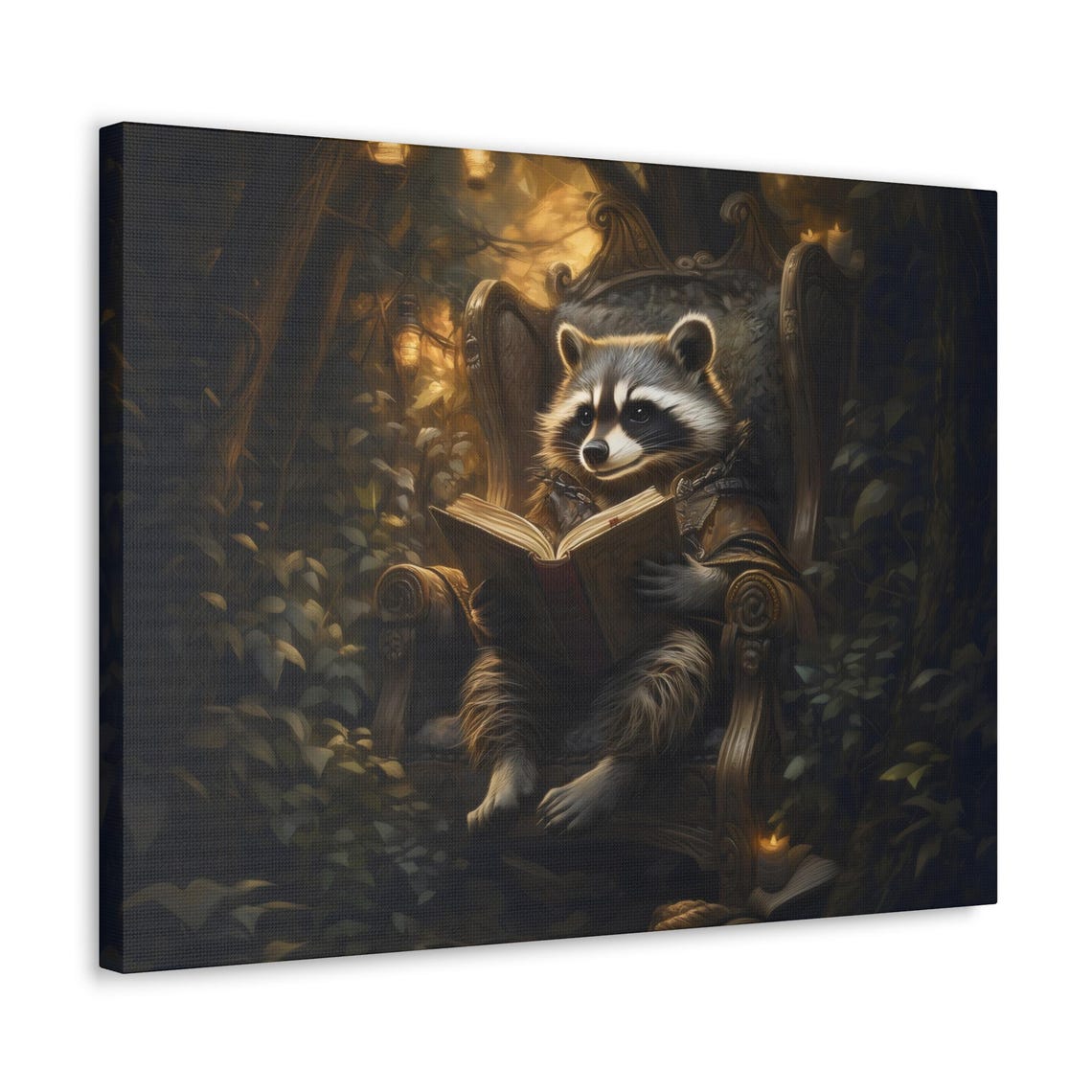 Raccoon Reading Book In A Moonlit Forest Chair Whimsical Poster - Image 3