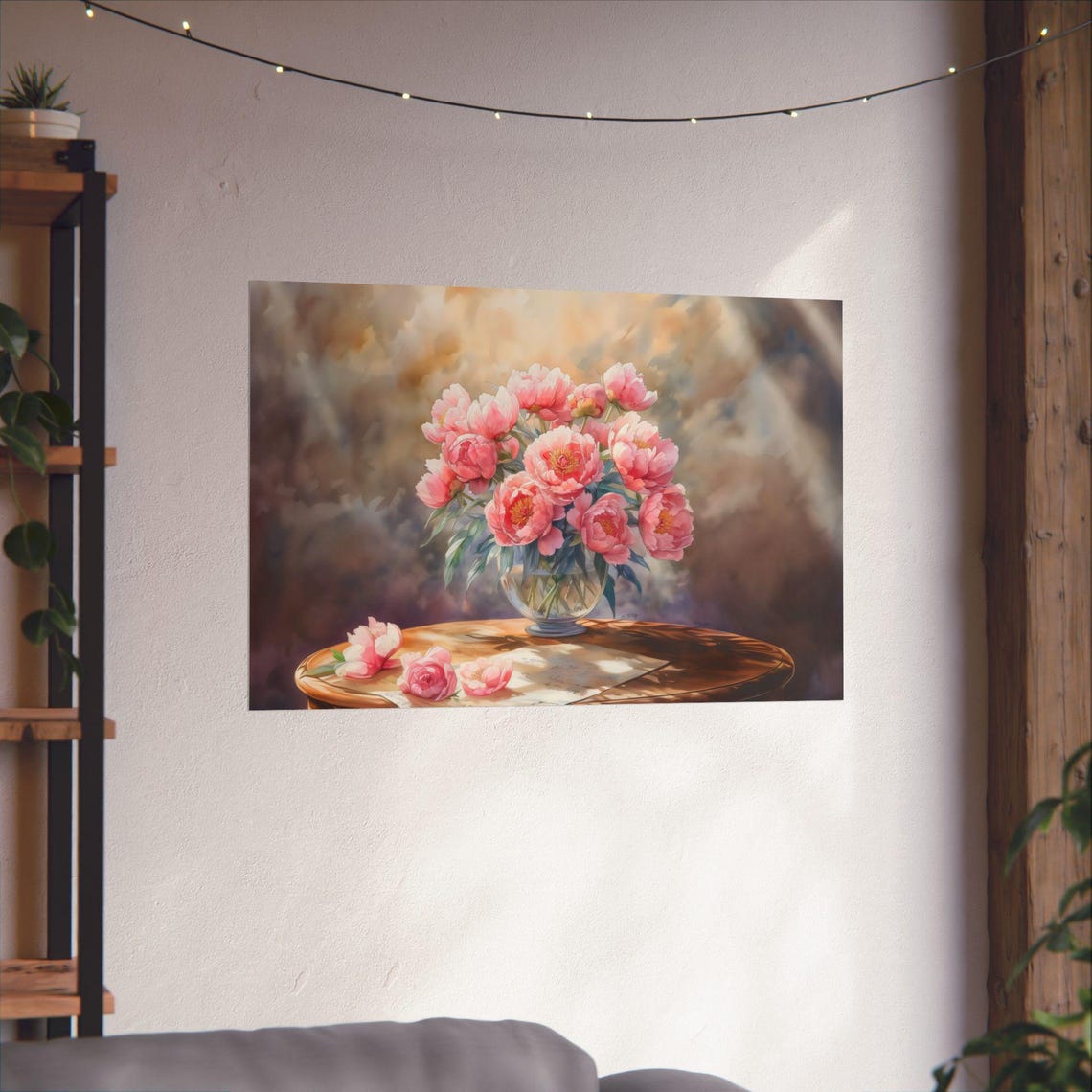 Lush Pink Peonies in Clear Vase Soft Spring Watercolor Art Poster