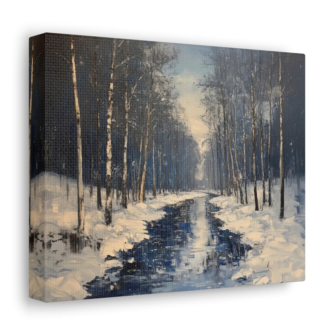 Dark River Winding Through Winter Birch Woods Under Pale Morning Light Poster - Image 2