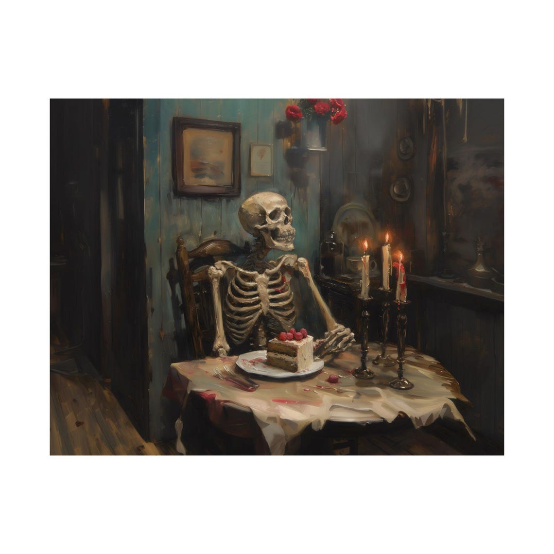 Skeleton Eating Cake at Candlelit Table Dark Humor Spooky Poster - Image 3