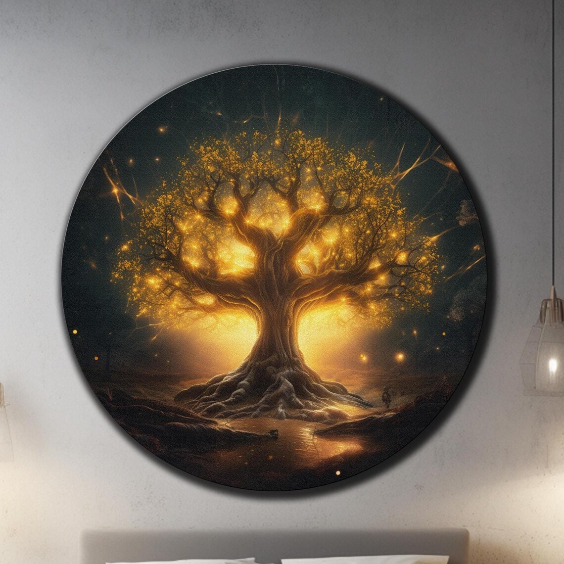 Golden Tree Of Life Glowing Night Forest Magical Round Wall Art