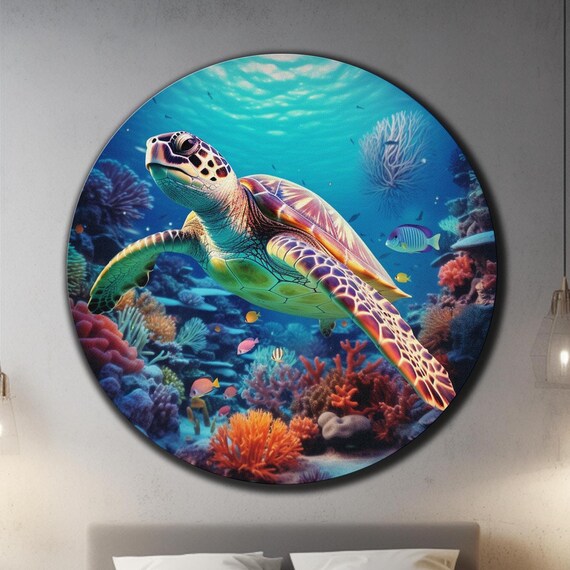 Sea Turtle Coral Reef Ocean Life Colorful Underwater Round Wall Art