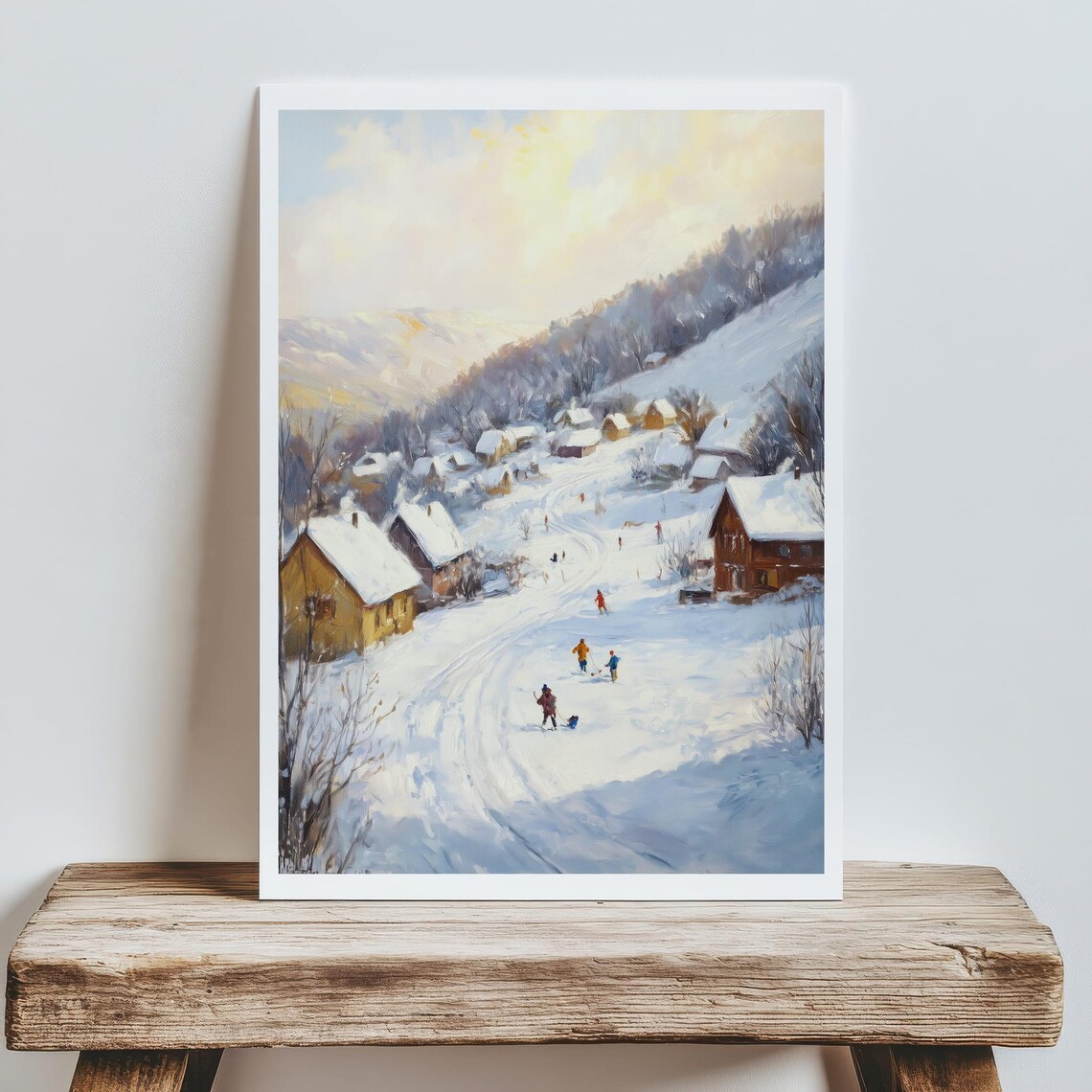 Vintage Winter Village Scene Children Sledding in Snow Poster - Image 5