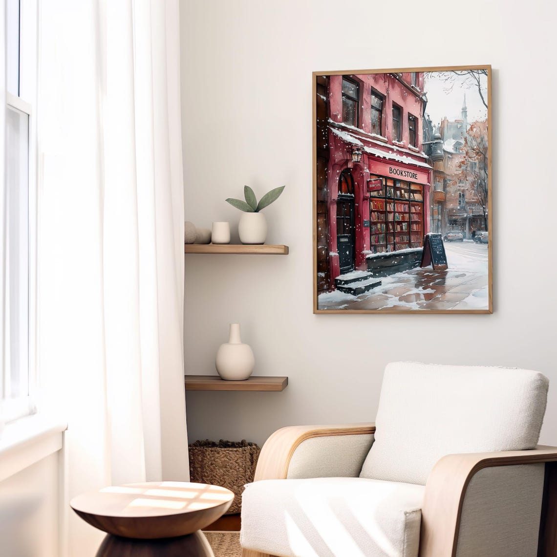 Red Bookstore Facade on a Snowy Winter Street Watercolor Poster - Image 3