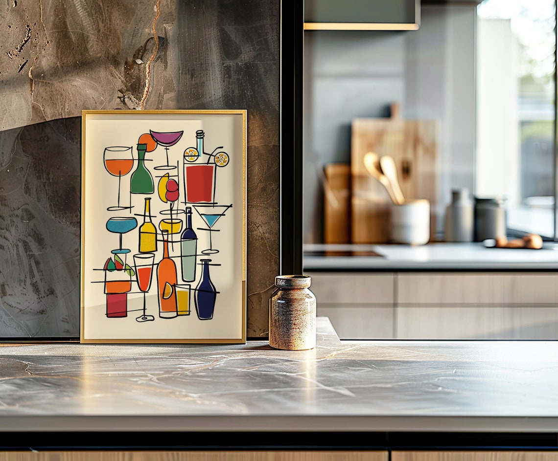 Retro Cocktail Line Art Colorful Bar Drink Illustration Poster - Image 5