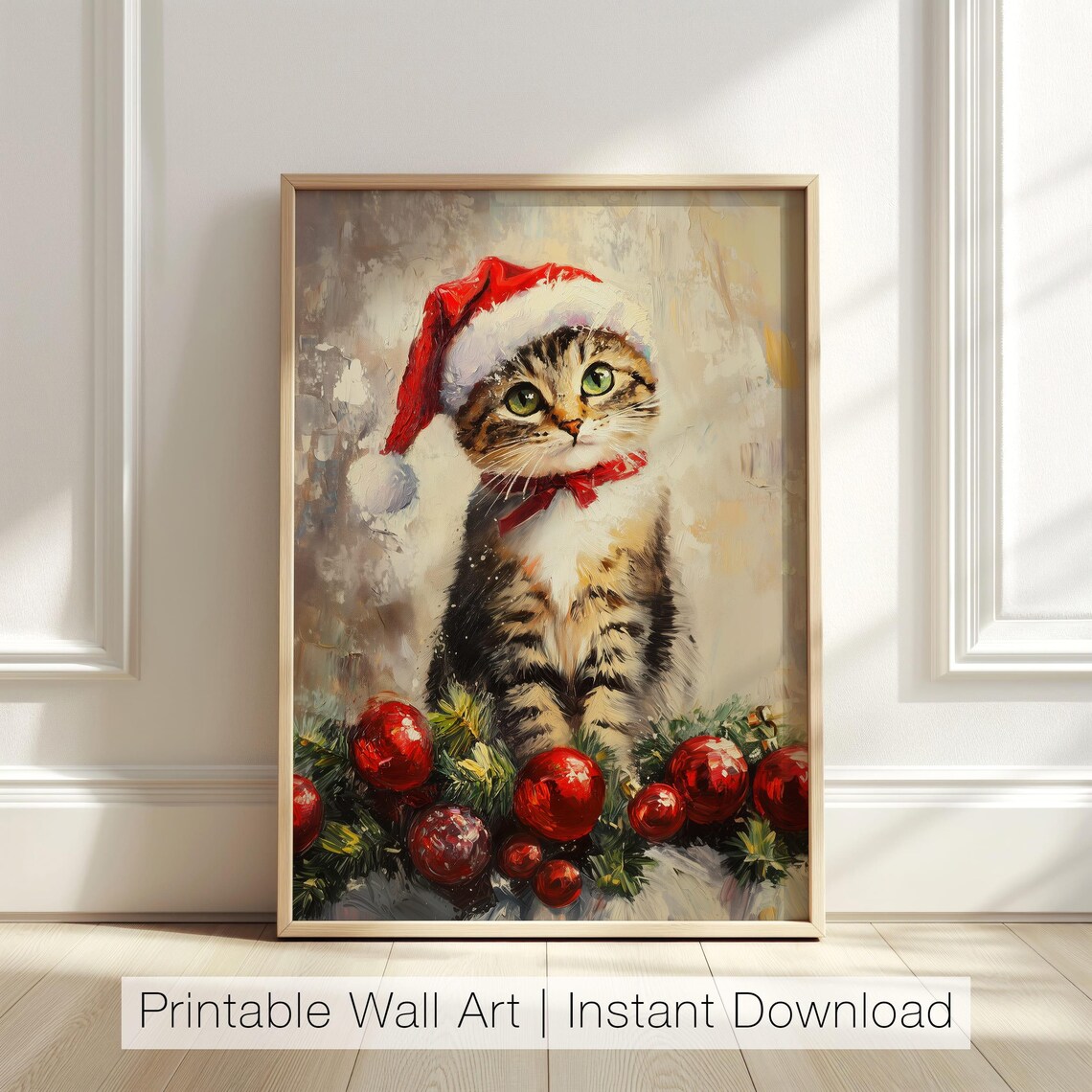 Tabby Kitten in Santa Hat With Christmas Ornaments Painting Poster