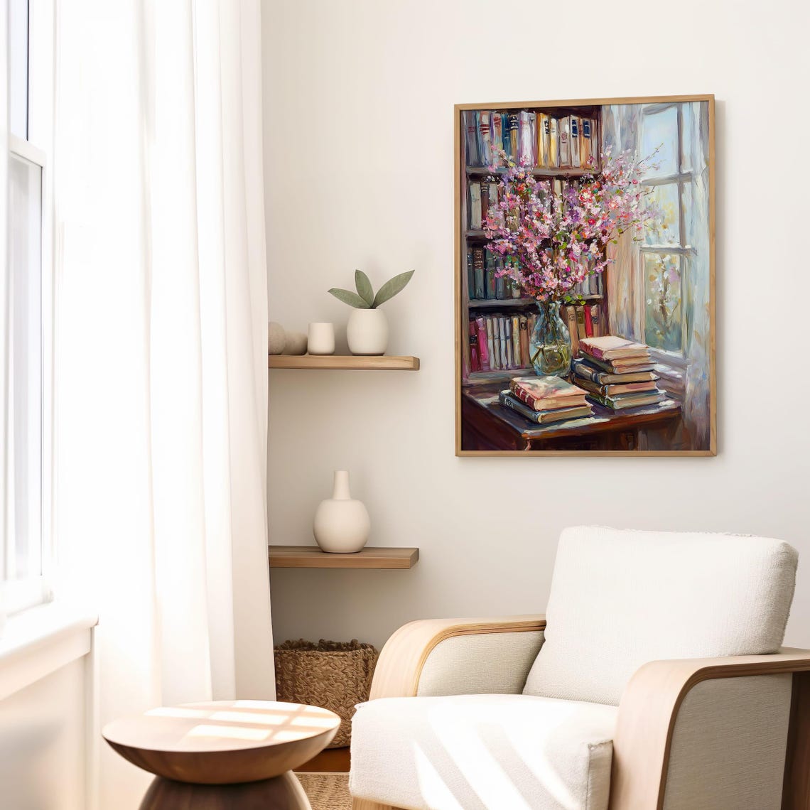 Vintage Bookshelf With Pink Blossoms By Sunlit Window Poster - Image 8