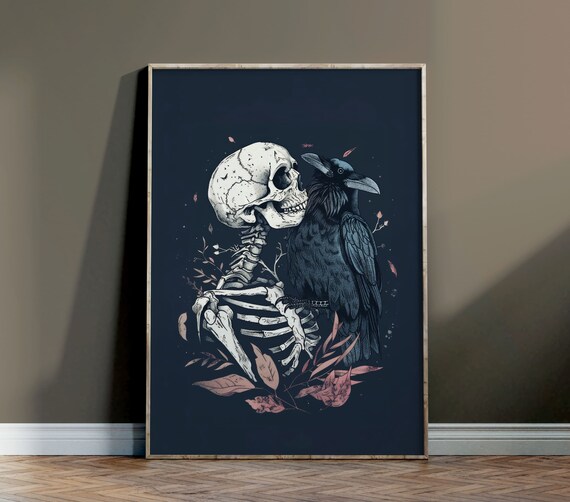 Gothic Skeleton Embracing A Raven Dark Fantasy Illustration Art Poster