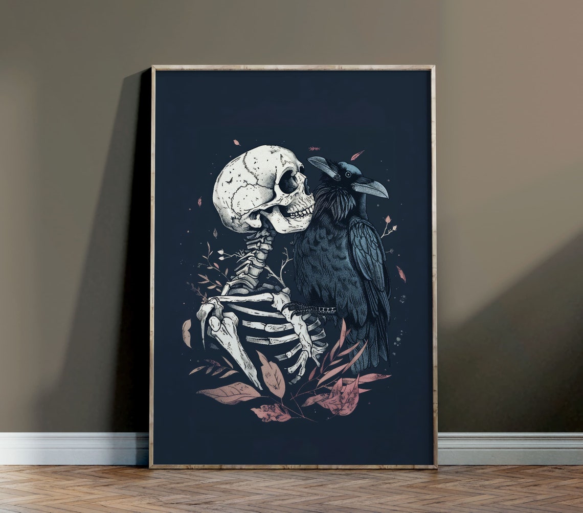 Gothic Skeleton Embracing A Raven Dark Fantasy Illustration Art Poster
