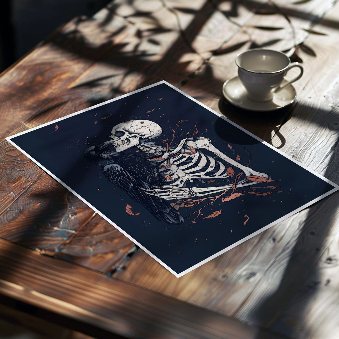 Dark Skeleton And Raven Amid Falling Leaves Gothic Fantasy Art Poster - Image 7