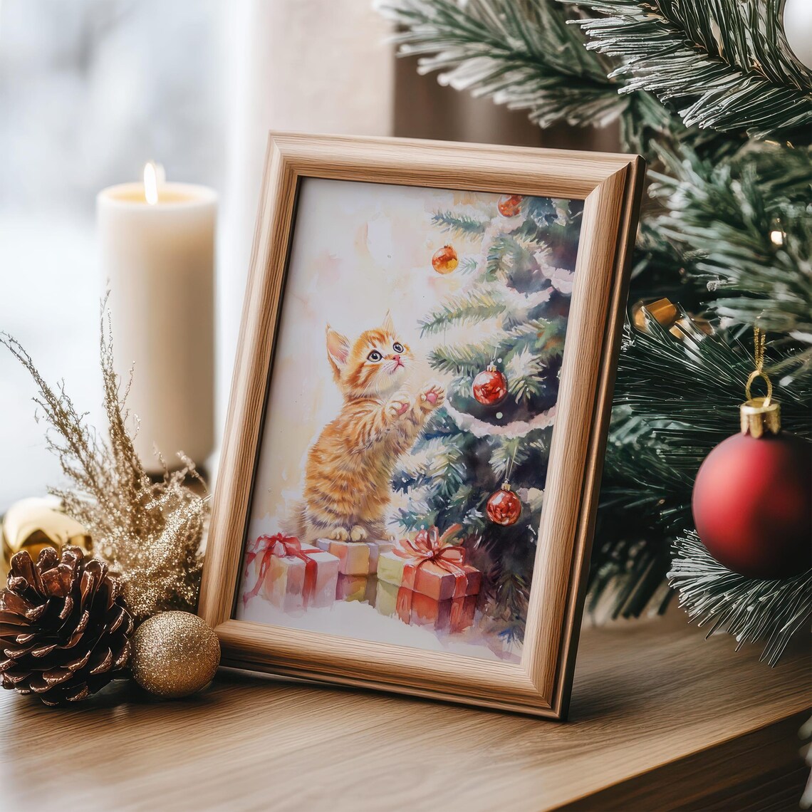 Ginger Kitten Reaching for Christmas Tree Ornaments Watercolor Art Poster - Image 2