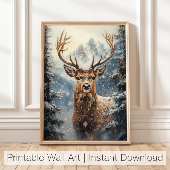 Majestic Stag In Snowy Forest Winter Wildlife Painting Poster