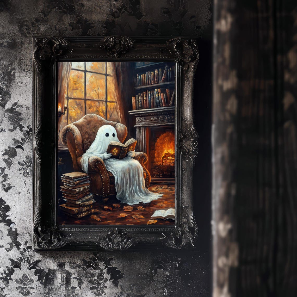 Cute Ghost Reading in Armchair by Fireplace Halloween Art Poster - Image 4