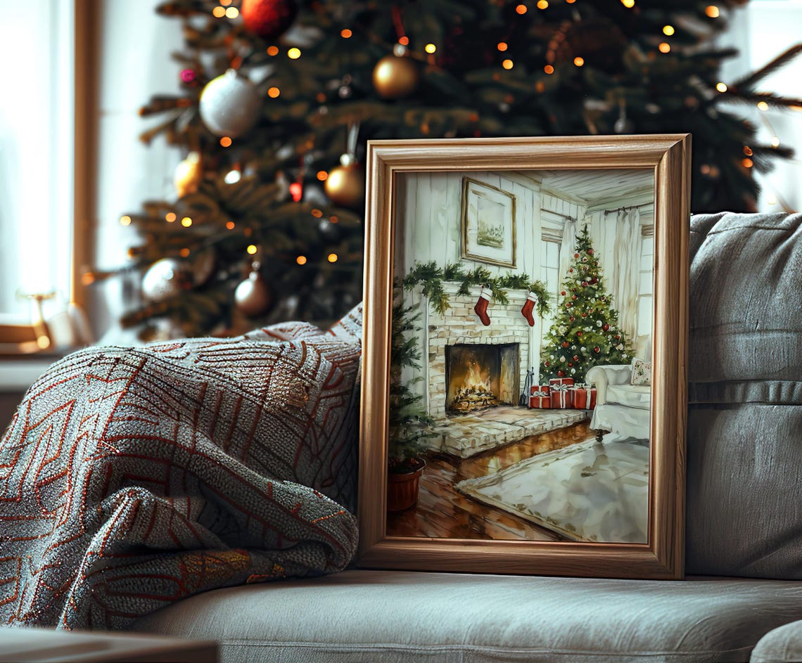 Watercolor Christmas Fireplace With Stockings Holiday Poster - Image 4