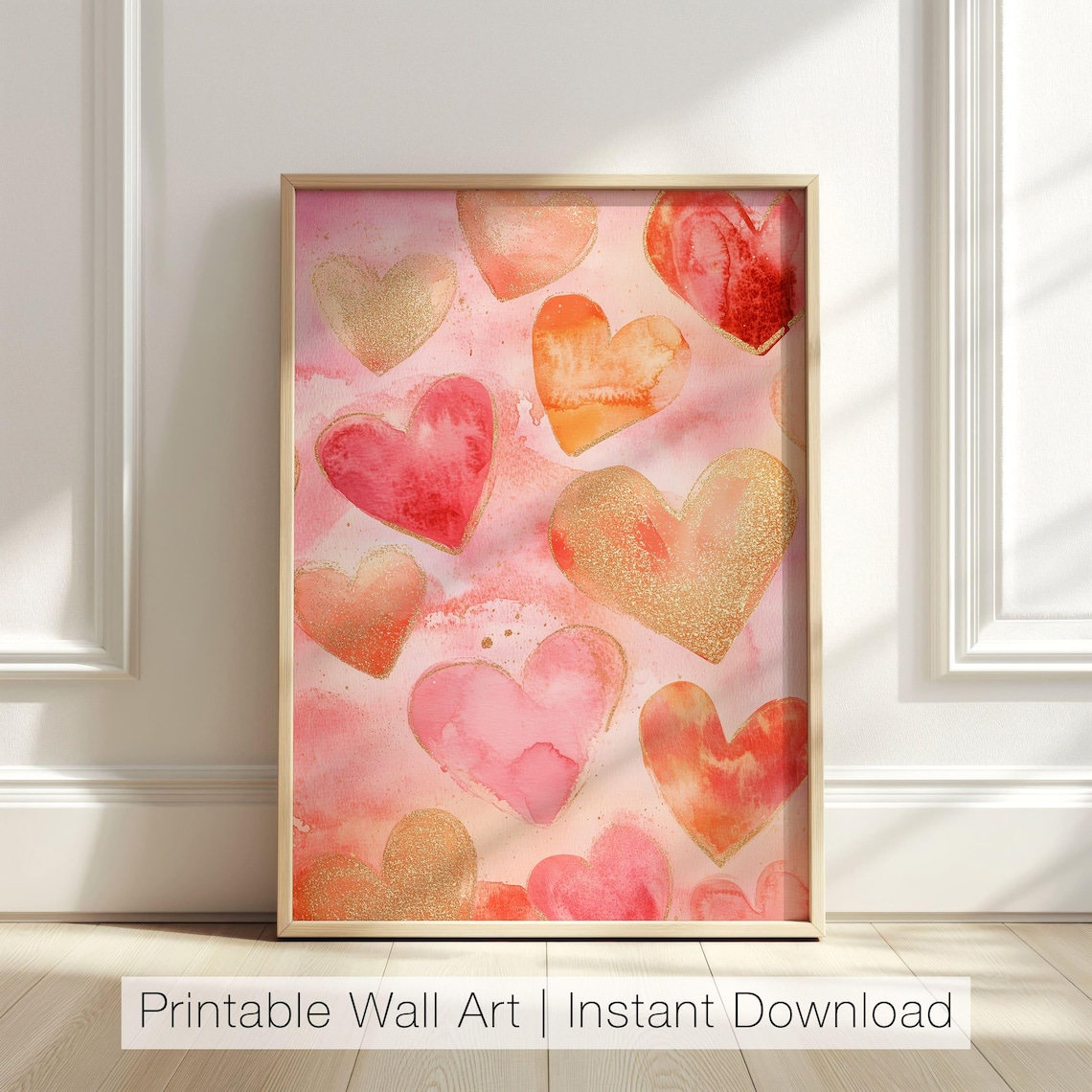 Watercolor Hearts In Pink Coral And Gold Valentine Art Poster