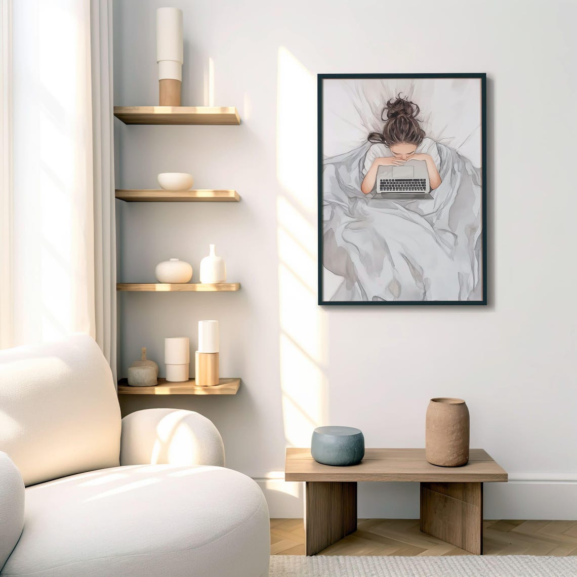 Cozy Woman With Laptop Art Minimalist Print For Home Office Relaxing Wall Art For Bedroom Decor Modern Workspace Printable - Image 4
