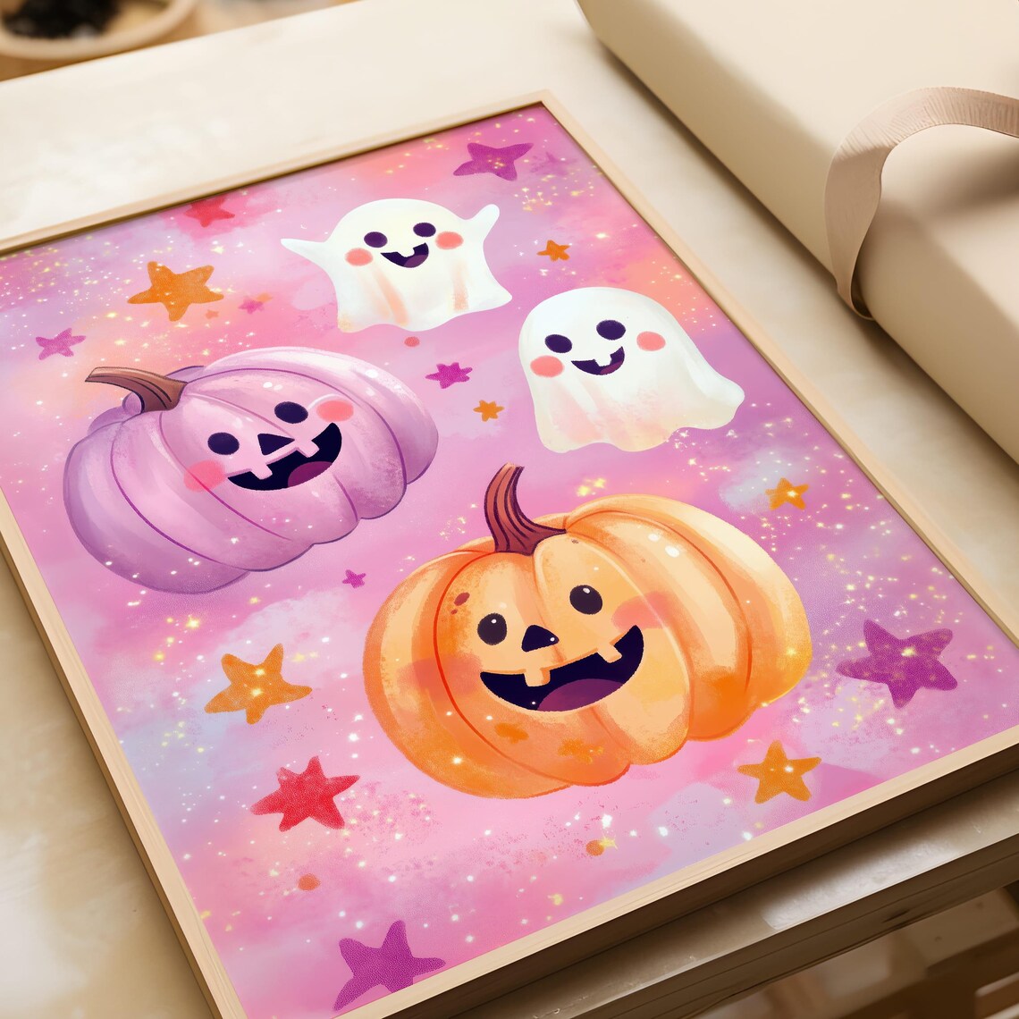 Cute Pumpkin And Ghost Halloween Art Print Spooky Halloween Wall Decor Pink Halloween Art - Image 6