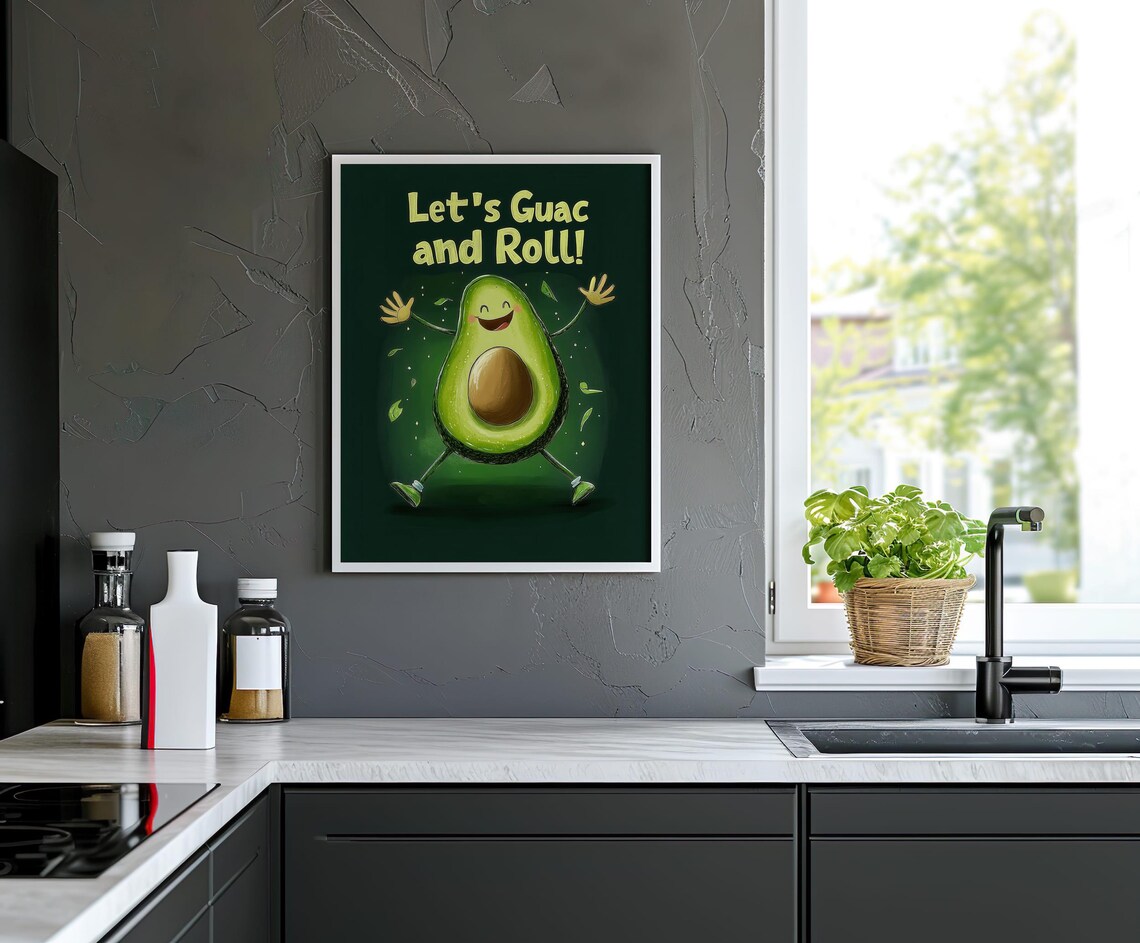 Funny Avocado Kitchen Art Let's Guac And Roll Printable Cute Food Wall Art Humorous Avocado Poster Kitchen Decor - Image 6
