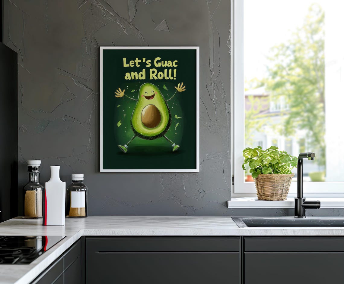 Lets Guac And Roll Happy Dancing Avocado Funny Kitchen Poster - Image 6
