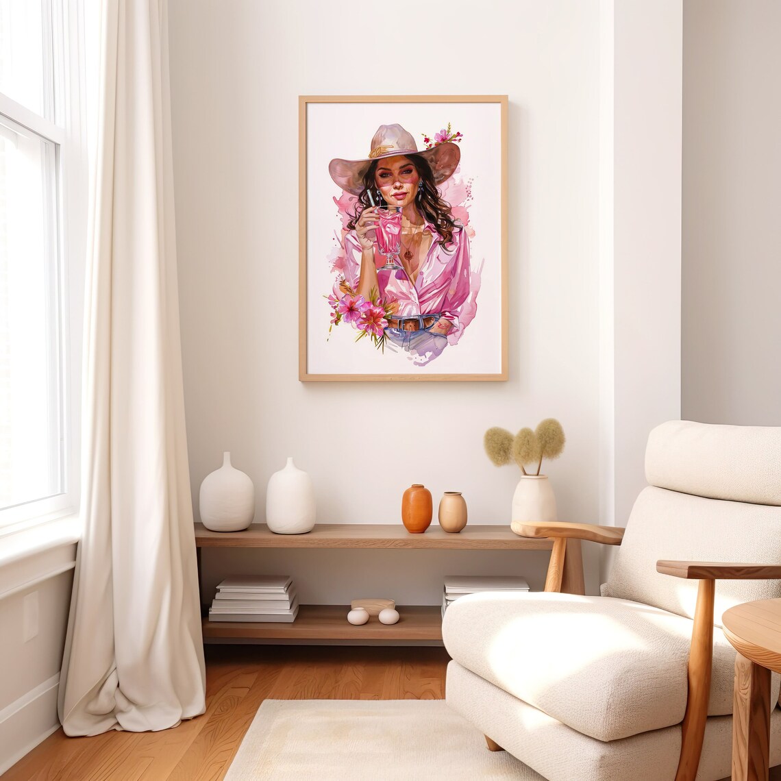 Pink Cowgirl Watercolor Cocktail Cowboy Hat Floral Art Print - Image 2