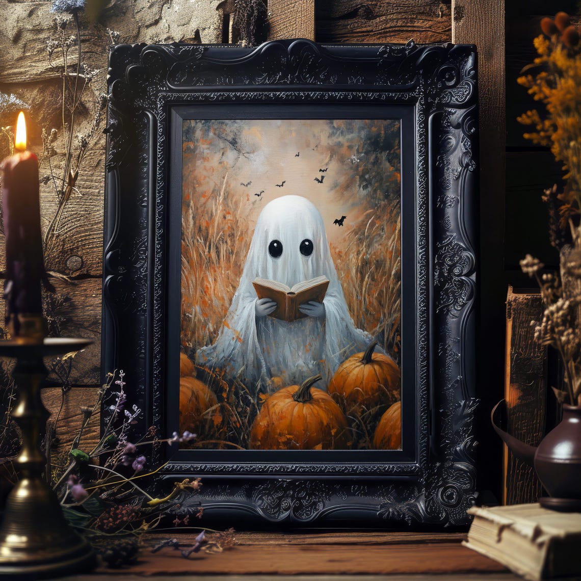 Cute Ghost Reading Book in Pumpkin Patch Halloween Night Poster - Image 4