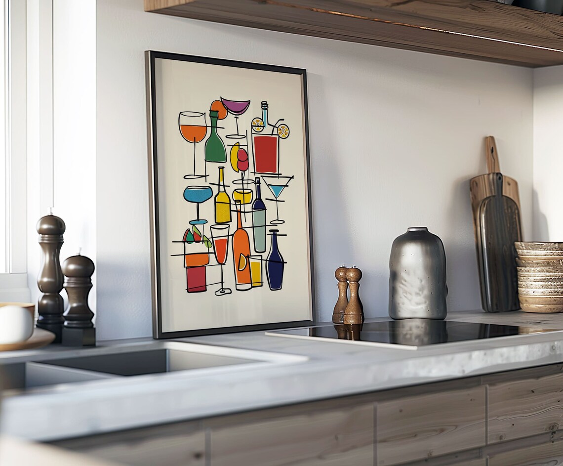 Retro Cocktail Line Art Colorful Bar Drink Illustration Poster - Image 6