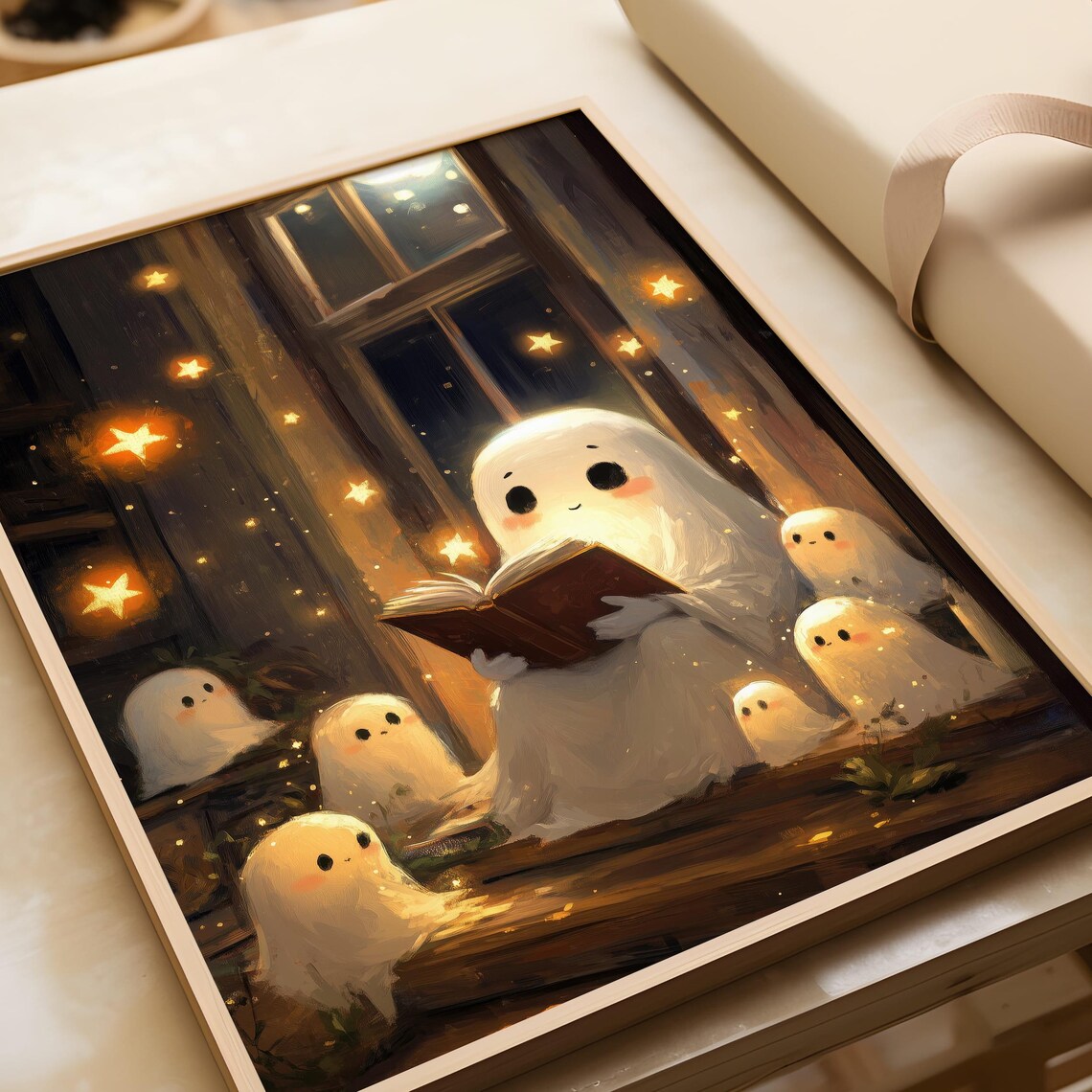 Halloween Ghost Reading Art Cozy Book Lover Print Spooky Cute Wall Decor Autumn Night Magic Art - Image 3