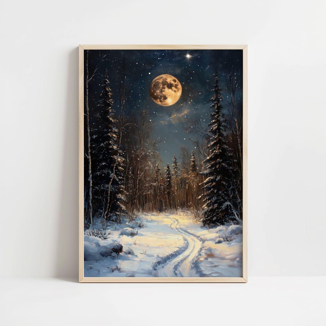 Full Moon Over Snowy Forest Path Winter Night Landscape Poster - Image 2