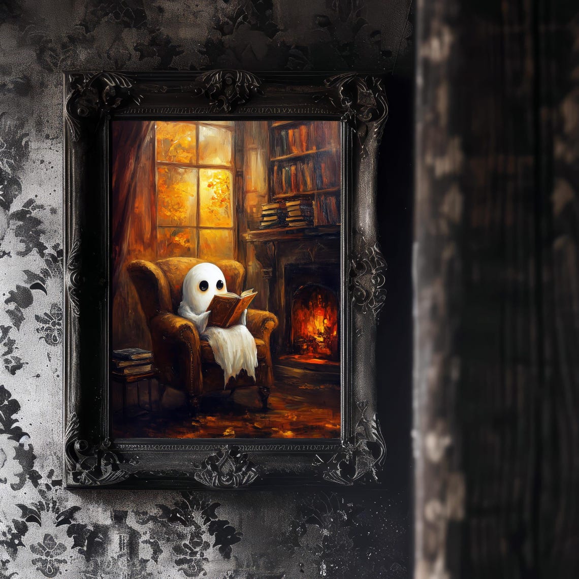 Cozy Ghost Reading by Fireplace in Dark Academia Library Poster - Image 6