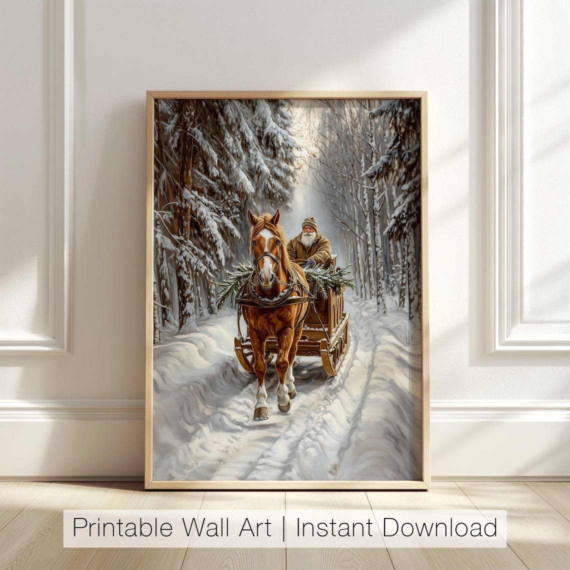 Chestnut Horse Drawn Sleigh Through Snowy Pine Forest Poster