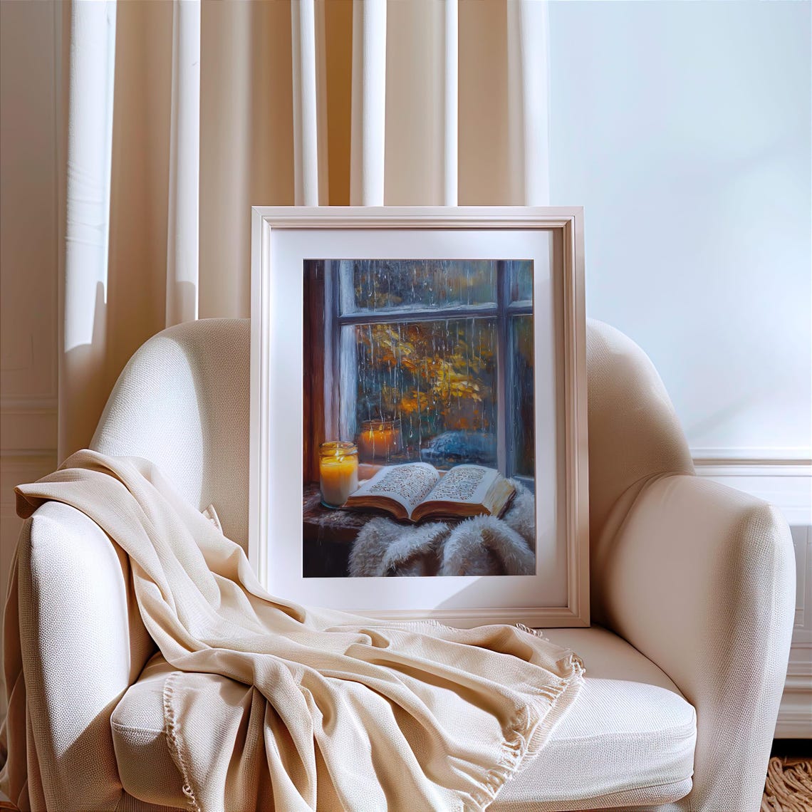 Cozy Fall Reading Nook Candle and Book by Rainy Window Art Poster - Image 3