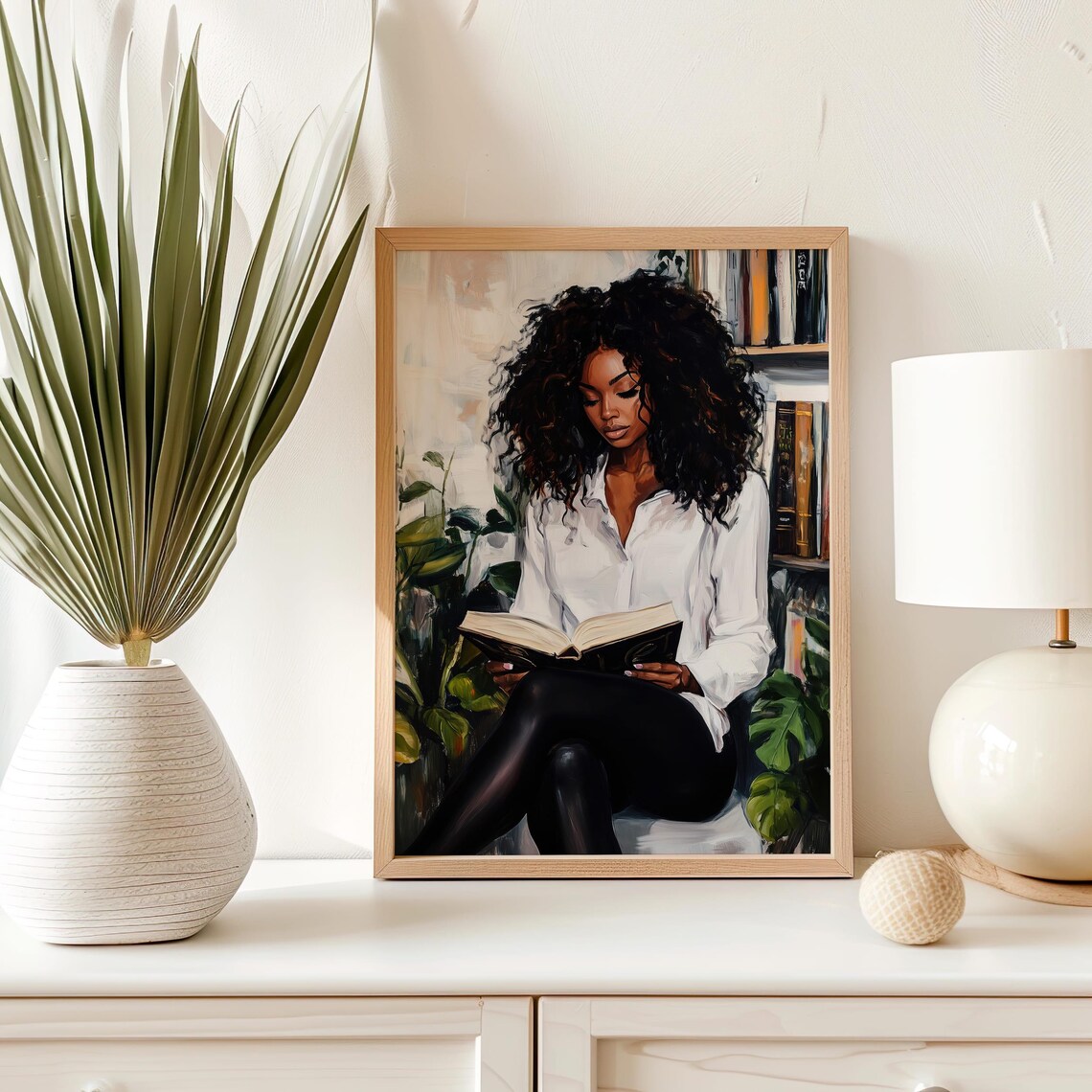 Black Woman With Natural Curls Reading Cozy Bookish Art Poster - Image 2