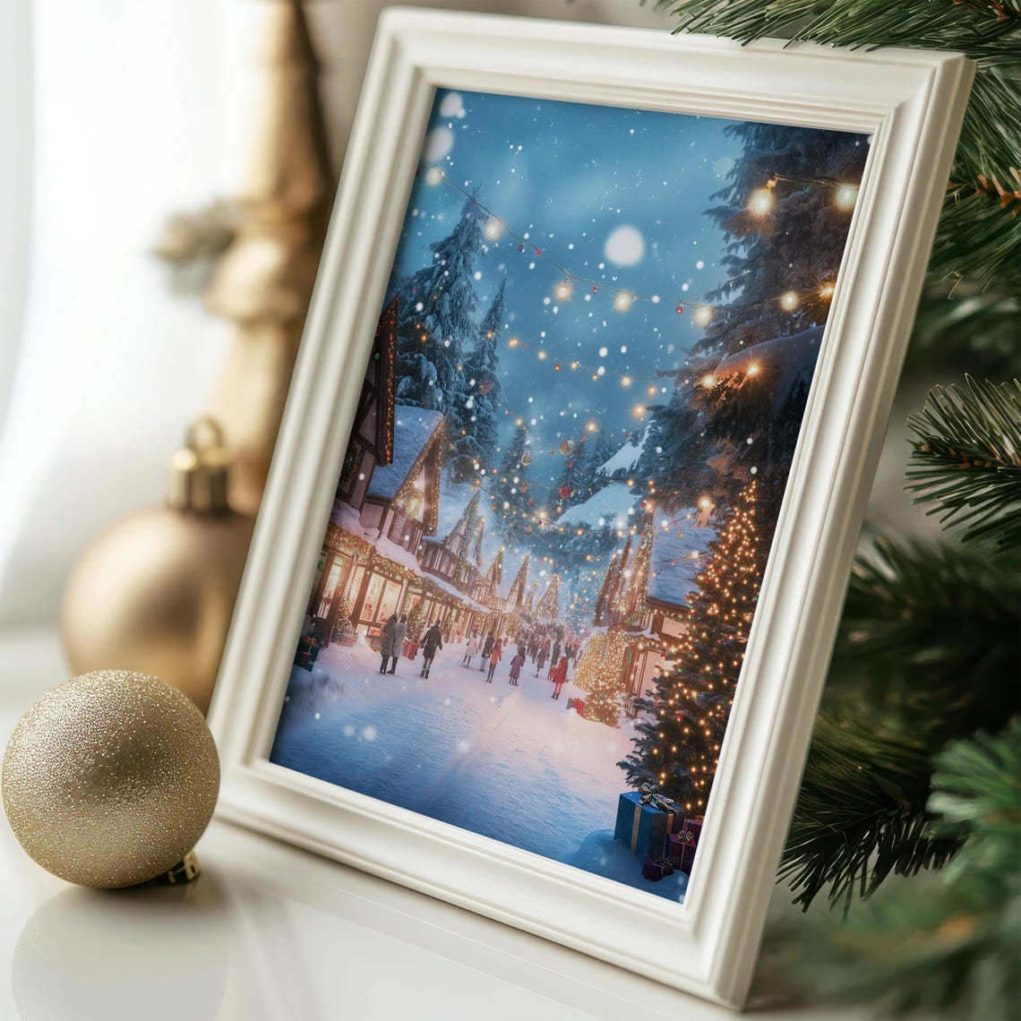 Christmas Village Art Winter Wonderland Printable Snowy Street Scene Holiday Season Wall Art Festive Town Decor Christmas Lights Print - Image 7
