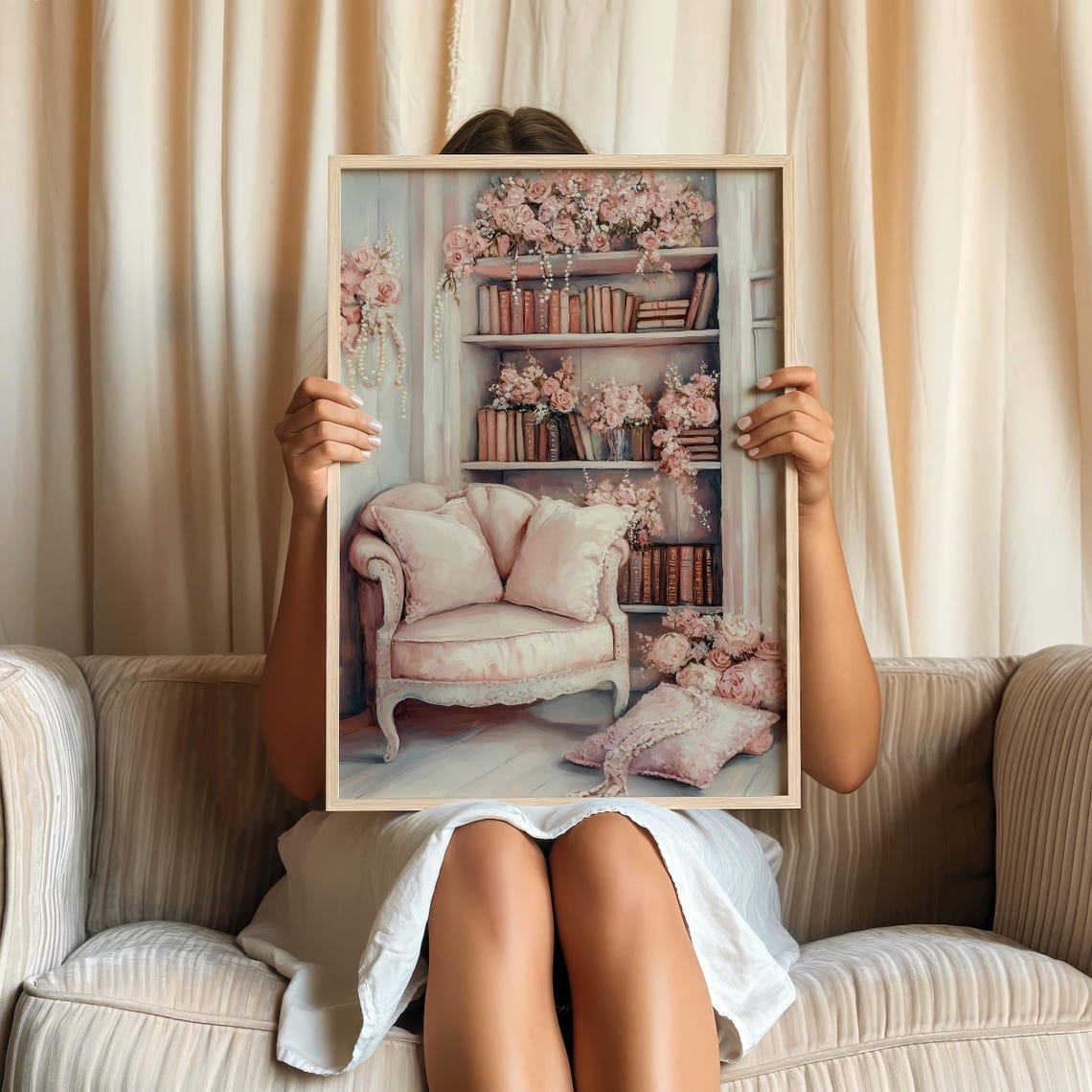 Pink Floral Bookshelf Reading Nook Shabby Chic Book Lover Poster - Image 2