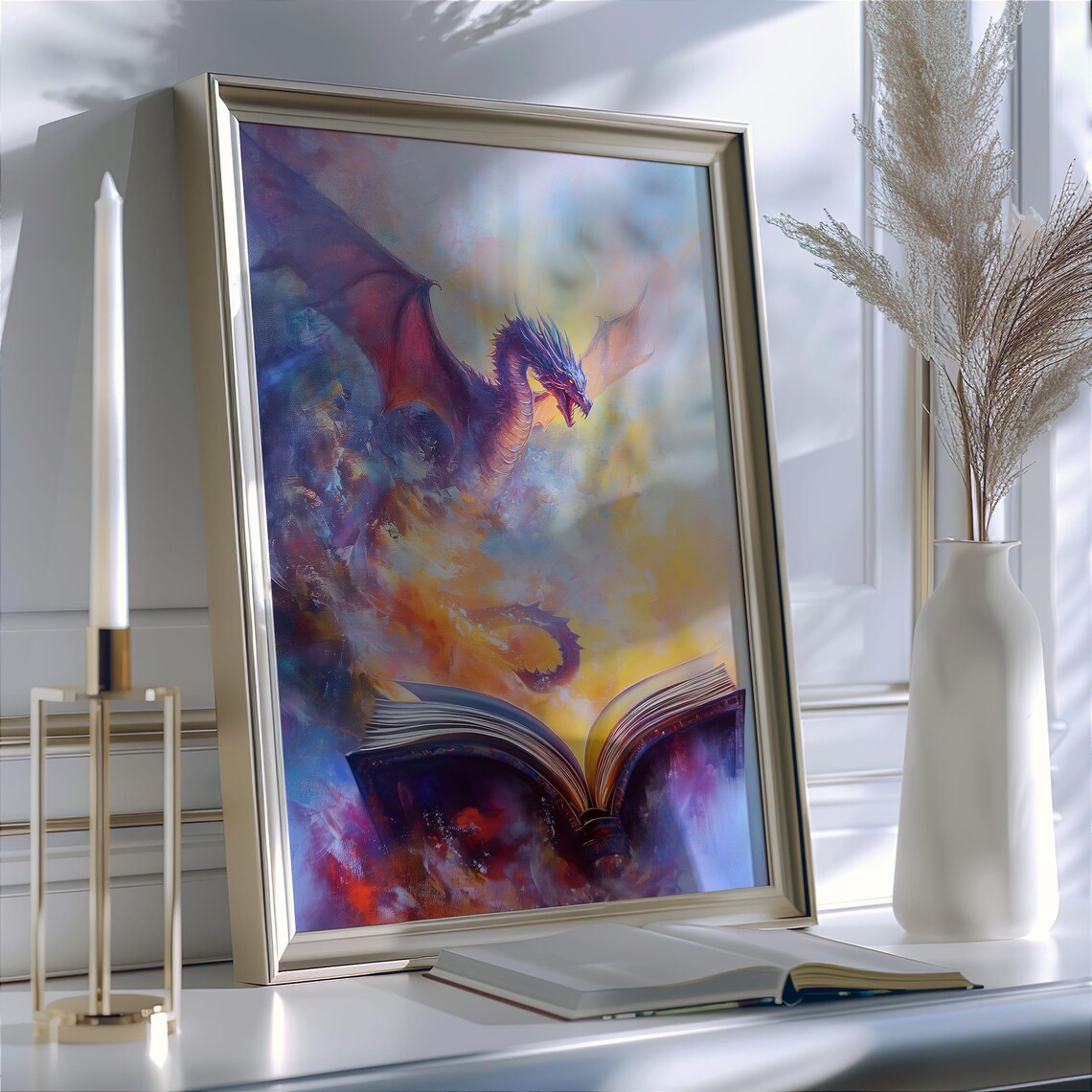 Crimson Dragon Soaring From Open Book Colorful Fantasy Art Poster - Image 4