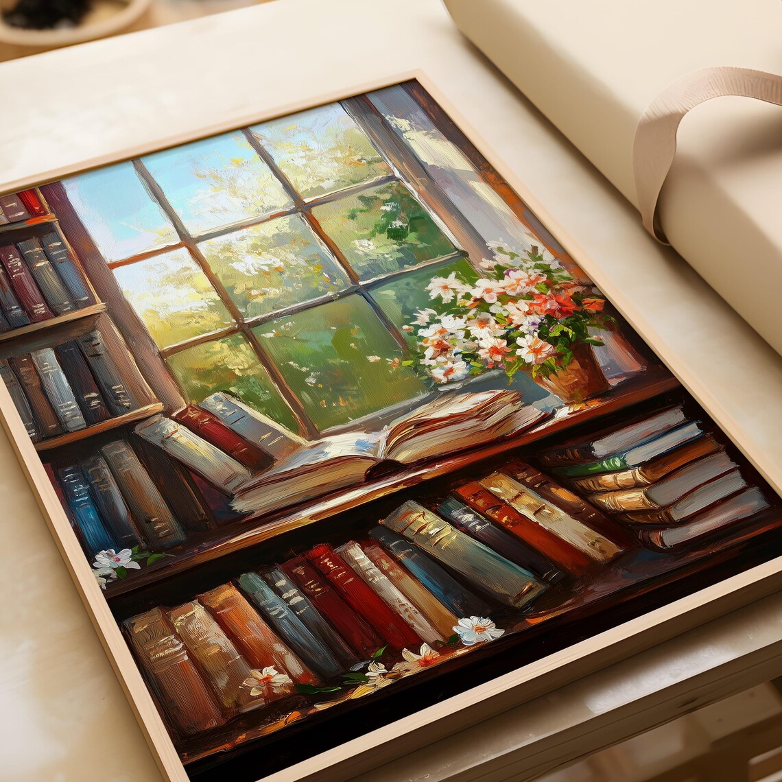 Cozy Vintage Library Art Print, Floral Bookshelf - Image 5
