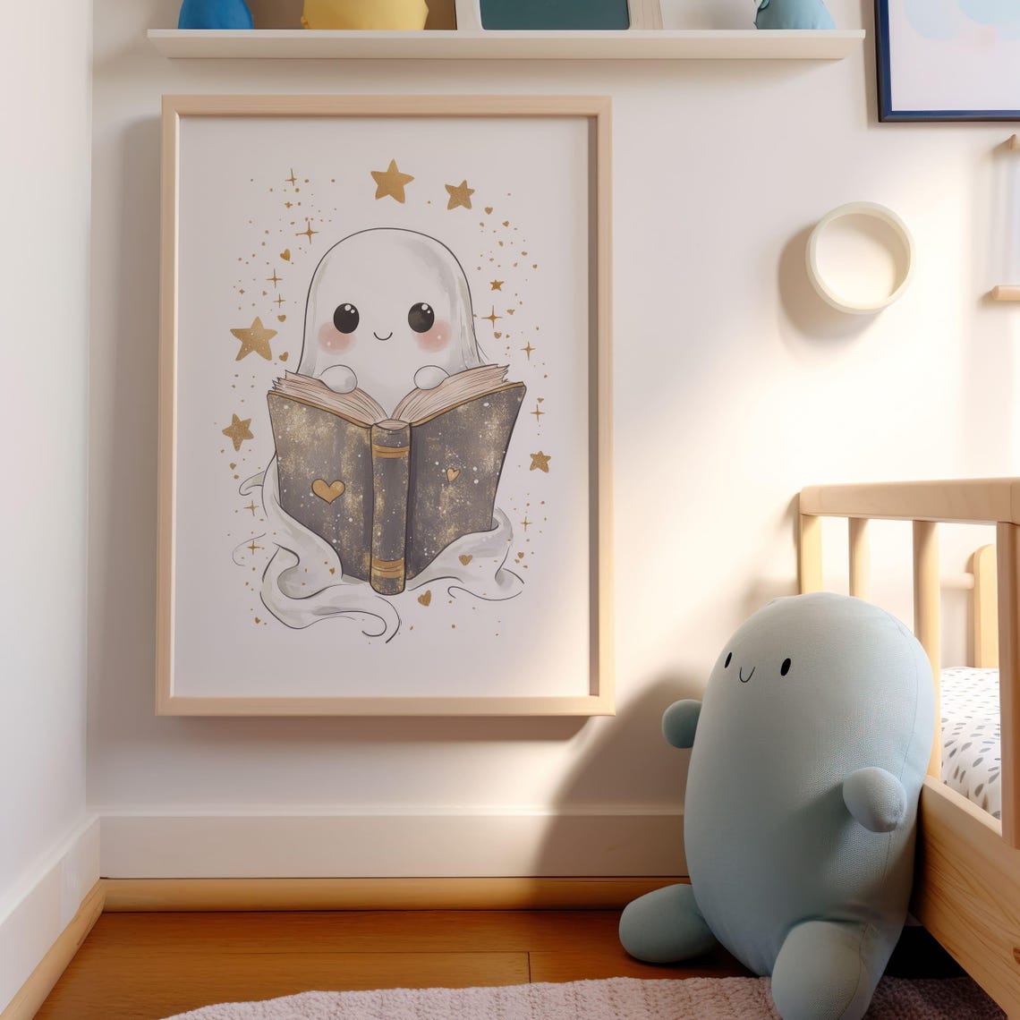 Kawaii Ghost Reading Book Gold Stars Cute Halloween Bookish Poster - Image 2