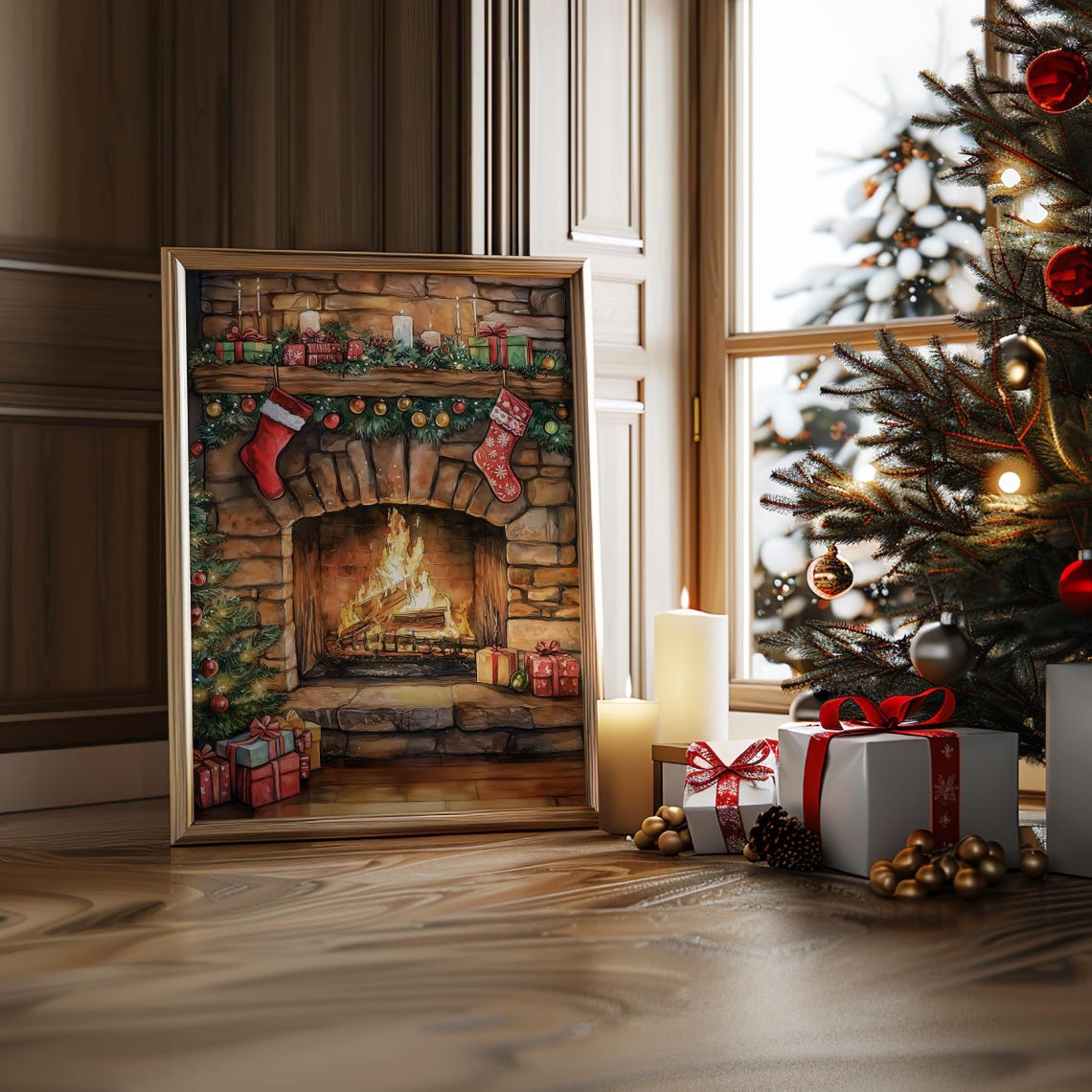 Cozy Christmas Fireplace Stockings Watercolor Holiday Wall Poster - Image 7