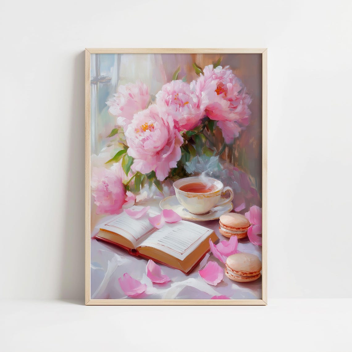 Pink Peonies with Open Book Tea and Macarons Floral Bookish Art Poster - Image 8