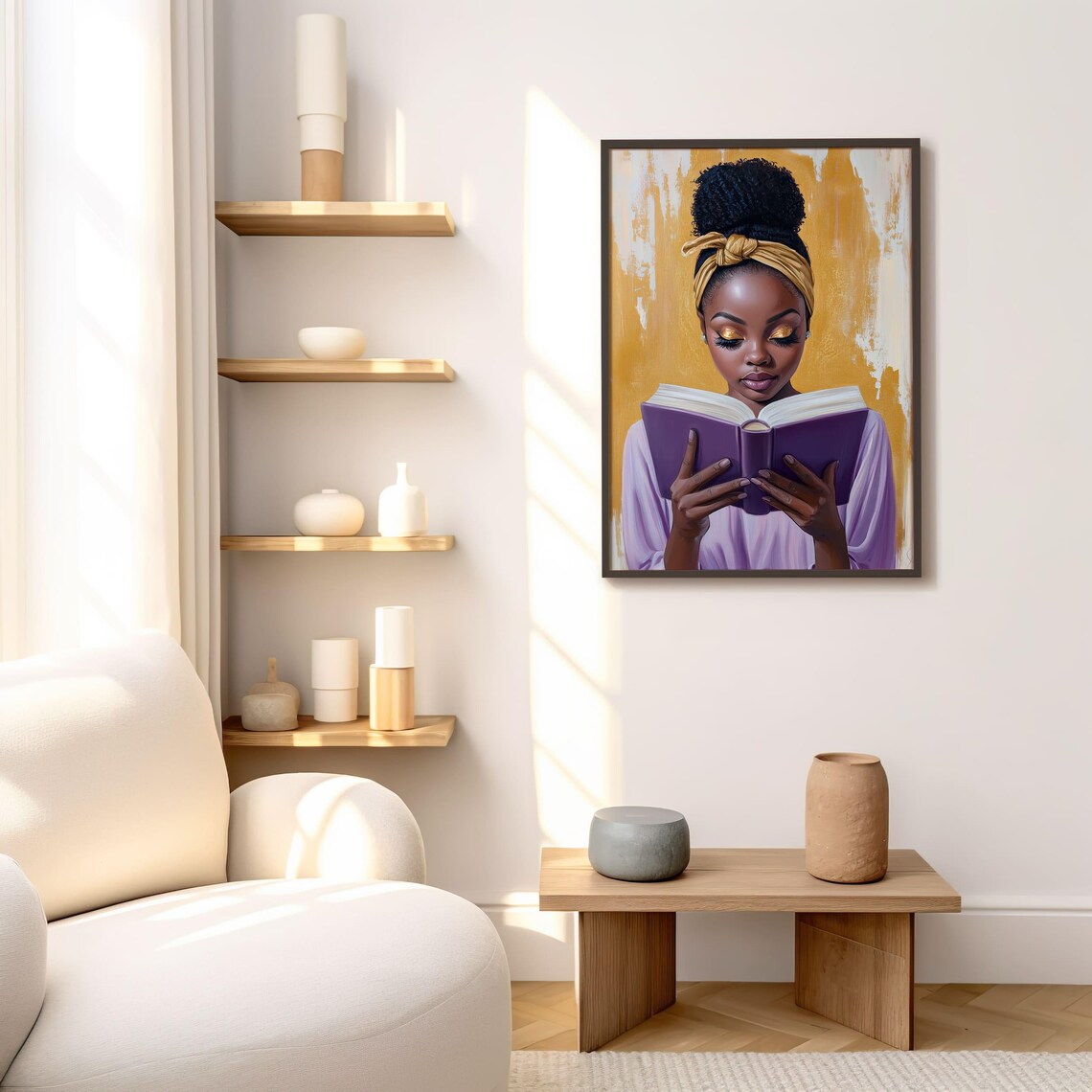 Black Woman Reading Purple Book Golden Background Art Poster - Image 5