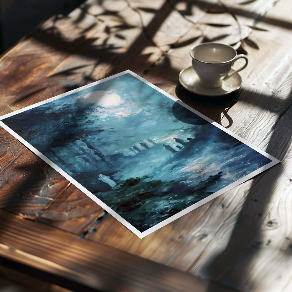 Moonlit Forest With Ghostly Figures Spooky Teal Gothic Art Poster - Image 7