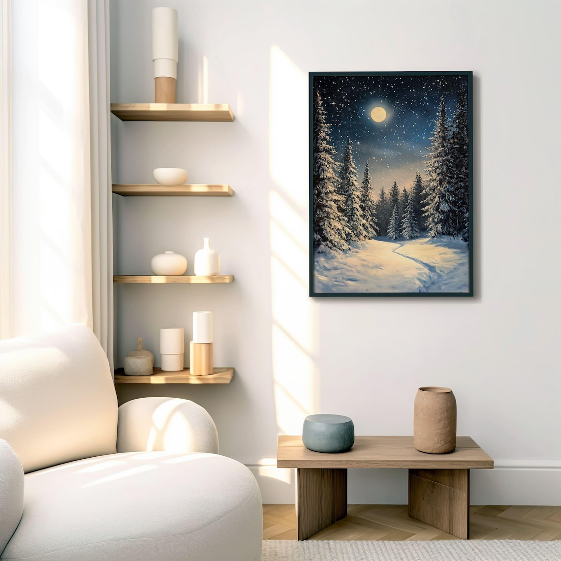 Winter Moon Forest Art Print, Snowy Night Scene - Image 4