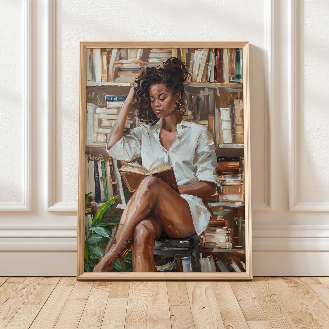Black Woman Lost In Book Among Vintage Library Shelves Poster